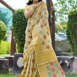 Areca Designer Ethnic Motifs Zari Linen Blend Banarasi Saree-image-34