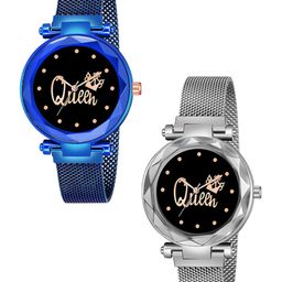 CSAMON Women Pack Of 2 Bracelet Style Straps Analogue Watch Queen Blue Silver Maganet-image-58