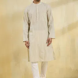 Fabindia Men Striped Band Collar Cotton Straight Kurta-image-49