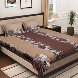 Myntra Elegant Homes Brown & White Floral Printed Fitted 300 TC Super King Bedsheet With2 Pillow Cover-image-93