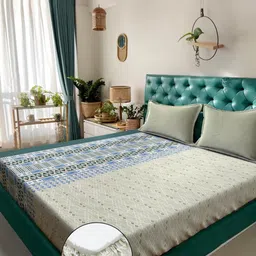 KLOTTHE Olive Green Geometric 400 TC King Bedsheet with 2 Pillow Covers-image-28