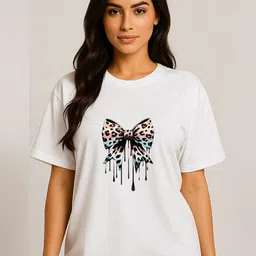 WOBE Women Bow Print Printed Round Neck Pure Cotton T-shirt-image-72