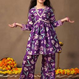 Sangria Girls Floral Printed Muslin Flared Kurta With Palazzo-picture-51