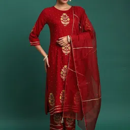 HERE&NOW Women Ethnic Motifs Printed Regular Thread Work Kurta with Trousers & With Dupatta-picture-19