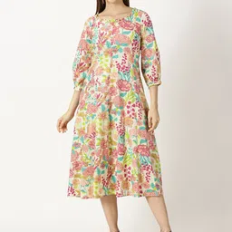 Saffron Threads tropical Print Bishop Sleeve Ruffled cotton A-Line Midi Dress-image-14