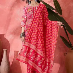 Sangria Floral Printed Notch Neck Pure Cotton Straight Kurta With Trouser & Dupatta-50