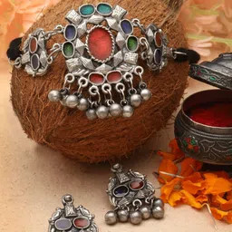 Moedbuille Silver-Plated Oxidised Ghungroo-Studded Meenakari Work Jewellery Set-image-93