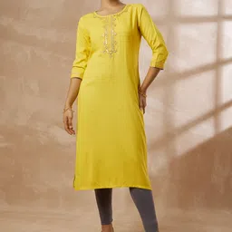 HERE&NOW Embroidered Mirror Work Round Neck Straight Kurta-picture-50