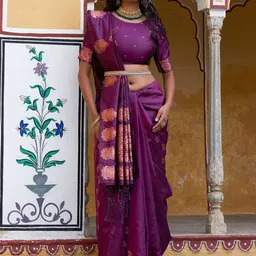 Janasya Wine Kanjeevaram Silk Woven Ethnic Motifs Saree with Unstitched Blouse Piece-image-31
