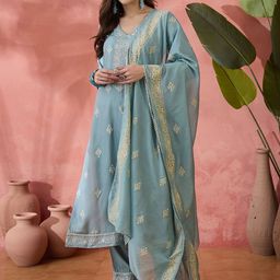 Sangria Ethnic Motif Khadi Printed & Embroidered Straight Kurta With Trouser &Dupatta-48