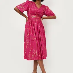 max Floral Printed Puff Sleeve Fit & Flare Midi Dress-image-96