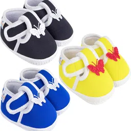 Neska Moda 0 To 12 Months Baby Boys & Baby Girls 3 Pair Combo Soft Cotton Butterfly Velcro Booties (Toe to Heel Length - 12 cm, Black, Blue, Yellow)-51