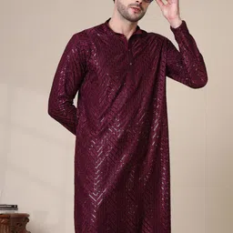 ADHIRAJAN Men Geometric Embroidered Cold-Shoulder Sleeves Chikankari Kurta-image-69