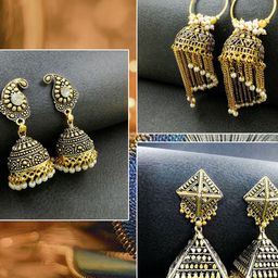 Saizen Set Of 3 Artificial Stones Studded & Beaded Oxidised Dome Shaped Jhumkas-image-92