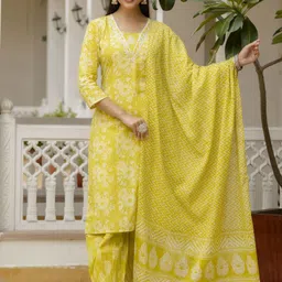 EthniFlair Women Floral Printed Regular Aari Work Pure Cotton Kurta with Patiala & With Dupatta-picture-30