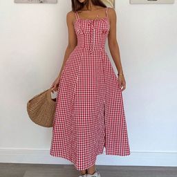 ELYRAA Checked Shoulder Straps Fit & Flare Midi Dress-image-96