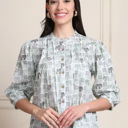 Moda Rapido Floral Print Mandarin Collar Puff Sleeve Organic Cotton Top-picture-28