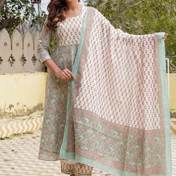 KALINI Floral Printed Anarkali Pure Cotton Kurta With Trousers And Dupatta-31