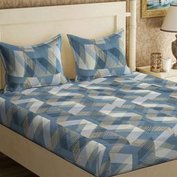 Myntra Elegant Homes Turquoise Blue & Beige Geometric 300 TC King Bedsheet with 2 Pillow Covers-image-80