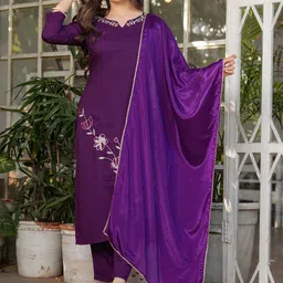 KALINI Women Purple Embroidered Thread Work Kurta with Trousers & With Dupatta-picture-33