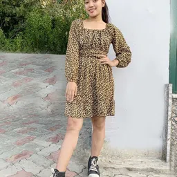 X FASHION GALLRY Women Animal Printed Puff Sleeve Crepe Fit & Flare Dress-picture-24