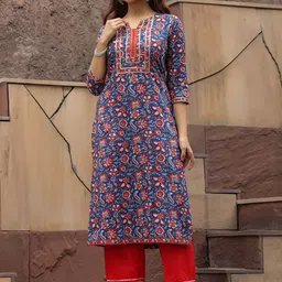 Rain & Rainbow Floral Printed Notch Neck Thread Work Pure Cotton A-Line Kurta-picture-58
