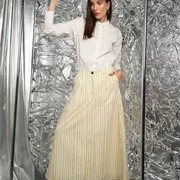 Virgio Aprajita Striped Linen Pleated Skirt-image-32