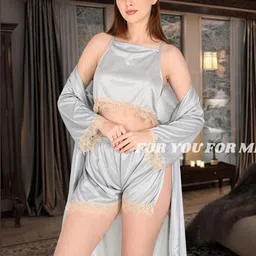 Satin 3-Piece Lace Trim Nightwear Set-picture-37