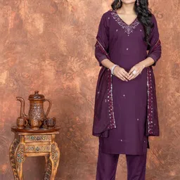 FOXENT Ethnic Motifs Embroidered Thread Work Pure Cotton Kurta with Trousers & Dupatta-picture-43
