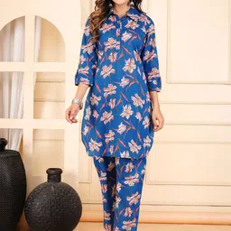 HERE&NOW Floral Printed Pure Cotton Kurta With Trousers-picture-1