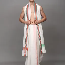 Exotic India Men Pure Cotton White Dhoti and Angavastram Set-image-10
