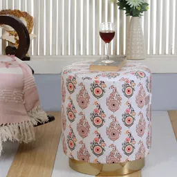 Shadowkart White & Brown Printed Round Wooden & Velvet Pouffes Pedestal Ottoman-12