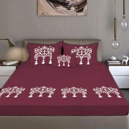 Bodycomfy Maroon Ethnic Motifs Cotton Fitted 400 TC King Bedsheet Set 1.98m x 1.8 m-image-59