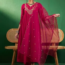 Sangria Sequence Thread Embroidered Kurta With Trousers & Dupatta-47