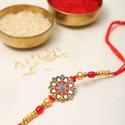 Exotic India Stone Studded & Beaded Floral Enamelled Thread Rakhi with Kumkum and Akshat-image-34
