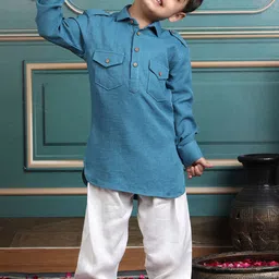 Polka Tots Boys Shirt Collar Pure Cotton Pathani Kurta With Pyjamas-image-98