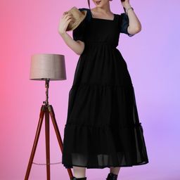 Krunal Raiyani Puff Sleeve Georgette Fit & Flare Maxi Dress-image-57