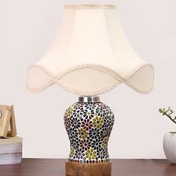 Devansh Off White Textured Traditional Frusturical Shaped Wooden Table Lamp & Mosaic Glass-10