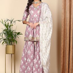 HERE&NOW Floral Printed Angrakha Pure Cotton Anarkali Zari Kurta With Sharara & Dupatta-image-57