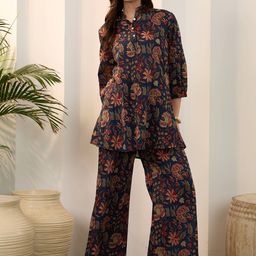 IMANA Printed Pure Cotton Mandarin Collar Neck Top With Palazzo Co-Ords-image-27