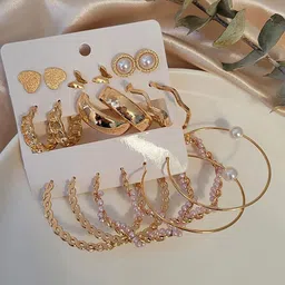 GOLDIWALA Set Of 9 Gold-Plated Pearls Beaded Circular Shape Hoop Earrings-2