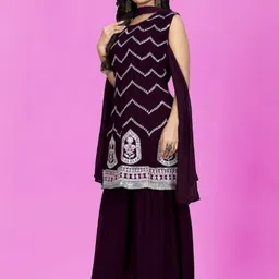 PARROT CREATION Chevron Embroidered Georgette Straight Kurti With Sharara & Dupatta image 3