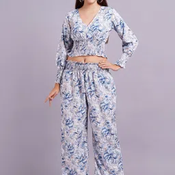 JC4U Printed V-Neck Top With Trousers Co-ords-image-6