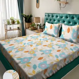 Aura White & Blue Floral Printed 300 TC King Bedsheet Set 2.50 m x 2.15 m-picture-25