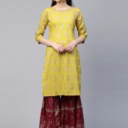 Anouk Lime Green Floral Woven Design Liva Straight Kurta-28