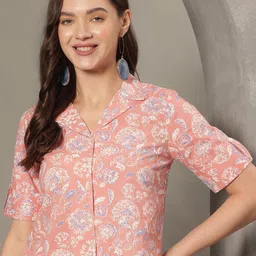 HERE&NOW Women Floral Printed Roll-Up Sleeves Cotton Shirt Style Crop Top-picture-48