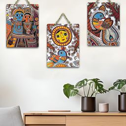 ArtVibes Yellow & Blue 3 Pieces Madhubani Printed Wooden Wall Hangings-43