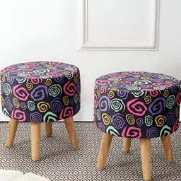 RIANCE CREATIONS Black & Purple 2 Pieces Abstract Printed Wooden & Velvet Round Ottomans-6