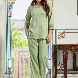 Moda Rapido Embroidered V-Neck Silk Top & Trousers-picture-40