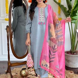 KALINI Women Embroidered Regular Sequinned Kurta with Trousers & With Dupatta-14